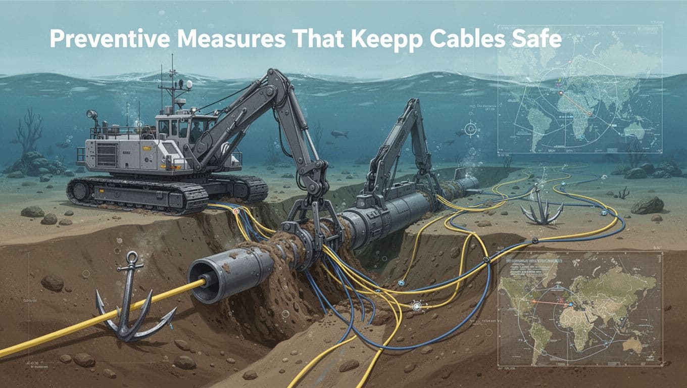 Modern illustration of an armored submarine fiber optic cable being buried into the ocean seabed by a specialized machine, avoiding a nearby fishing anchor with a subtle route survey map overlay. Clean shapes controlled earth tones emphasize strong composition in landscape view, no people or text.