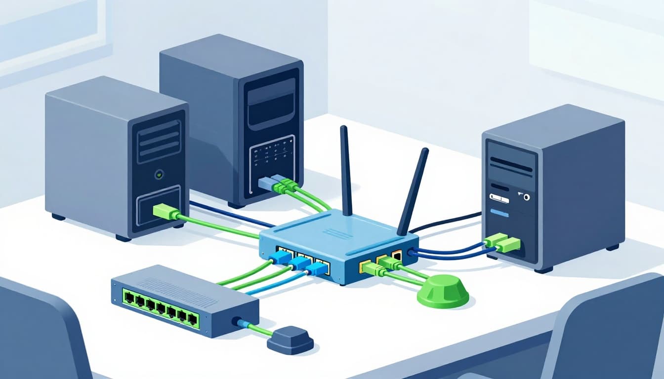 Modern illustration of network hardware components including router, switch, server, and firewall on a clean office desk, connected by colorful cables in a blue and green palette.