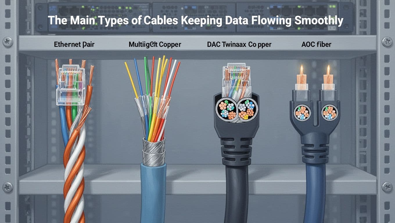Modern illustration comparing four key data center cables side-by-side with cross-sections: copper Ethernet twisted pair, multi-fiber optic bundle, DAC twinax copper, and AOC with fiber ends on a subtle rack shelf.
