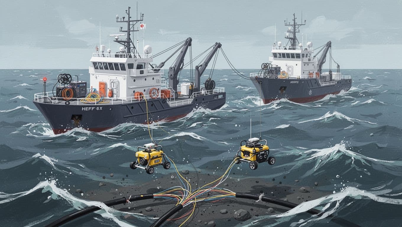 Modern illustration of a cable repair ship at sea deploying an ROV robot submarine to the seabed where cut fiber optic cable ends lie, with ship deck splicing equipment and ocean waves in clean blue-gray tones.