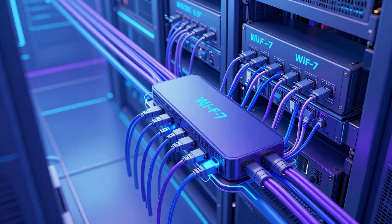 Modern illustration of futuristic network infrastructure with high-speed fiber cables, AI-managed switches, Wi-Fi 7 routers, and cloud connections in a data center, featuring clean shapes, blue-purple palette, dynamic composition, and bright lighting.