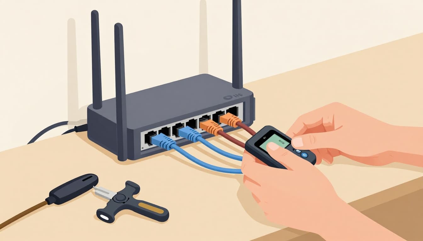 Modern illustration of a person installing network cables into a wall tray connected to a switch and router in a home office, with nearby tools, clean shapes, warm tones.