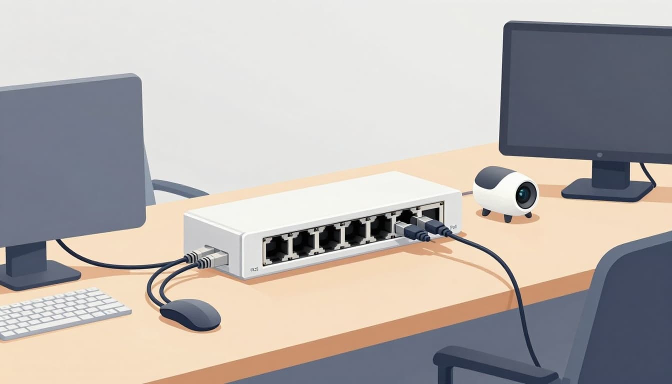 Modern illustration of an office desk with PoE switch powering IP camera, phone, and light fixture via single Ethernet cables in a clean office setting.