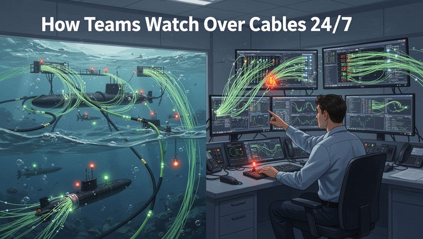 Modern illustration of a control room where engineers monitor glowing fiber optic cables on screens, showing submarine cables in ocean depths with sensor lights detecting faults; one engineer points at an alert.